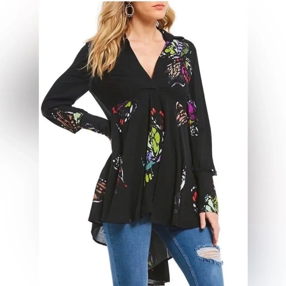 Free People Field Of Butterflies Printed Hi-Low Tunic Black Size XSmall - Picture 3 of 13